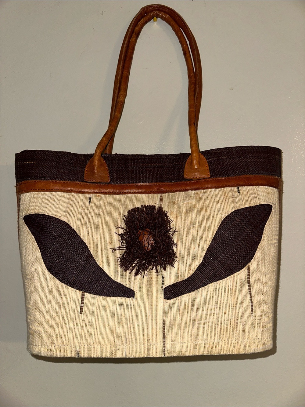 Handwoven Manmade and Natural Straw Tote Bag with Leather Straps and Accents